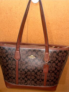 Coach Brown Signature Monogram Tote with Leather Trim